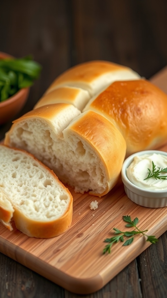 Fluffy cloud bread on a cutting board with cream cheese spread and herbs.